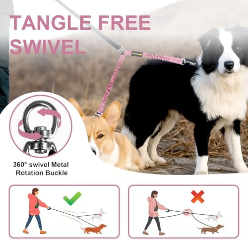 MingXpet 2 Dog Leash, Dog Leash for 2 Dogs, 360° Swivel No Tangle Double Walking Training Leashes for Large Dogs that Pull, Comfortable Shock Absorbing Reflective Bungee, Pink