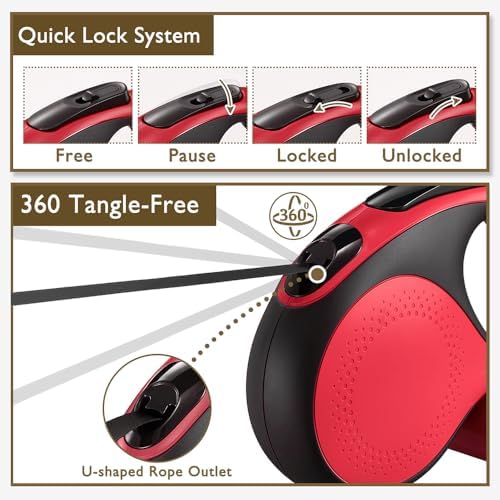 Retractable Dog Leash with Chew Proof Cable,26 ft Durable Dog Leash for Large Medium Dogs up to 110 lbs, 360° untangled, One-Handed Brake. (Red)
