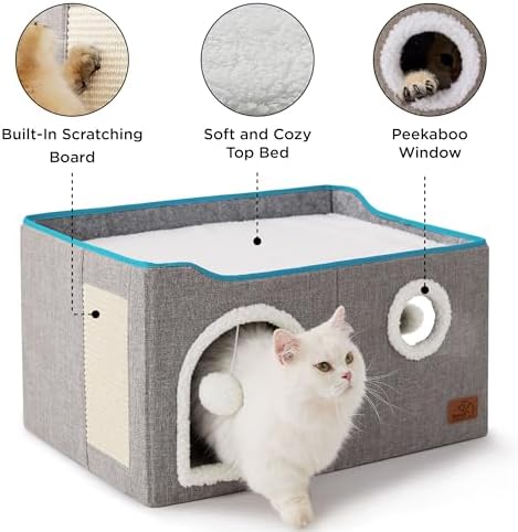 Bedsure Extra Wide Cat House Bed with Fluffy Ball and Scratch Pad,Grey