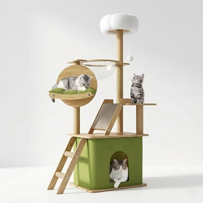 59.1-Inch-Green Cat Tree for Indoor Cats Large Adult, with Cat Condos,Cat Scratchers,Cat Hammock,Space Capsule, Plush Jumping Platform,Hanging Ball,Cat Trees for Indoor Cats(Green/Log Color)