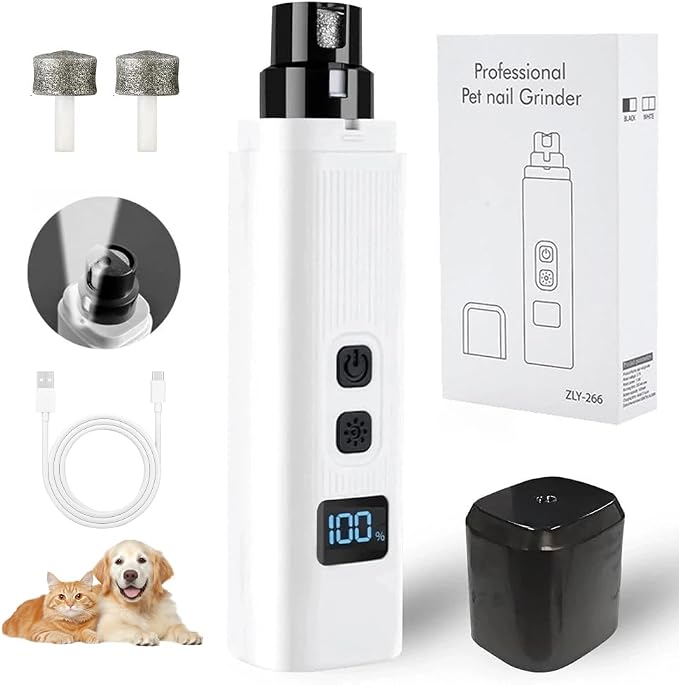 Dog Nail Grinder, Electric Pet Nail Grinder with 2 Speed Digital USB Rechargeable Dog Nail Trimmer Nail Claw Clippers with LED Lighting Quiet Paws Grooming for Large Medium Small Dogs Pet