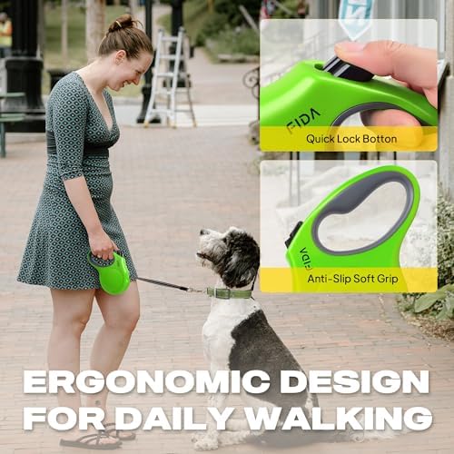Fida Retractable Dog Leash, 16ft Heavy Duty Pet Walking Leash for Medium Dog or Cat up to 44 lbs, Tangle Free. One-Hand Brake (Medium, Green)