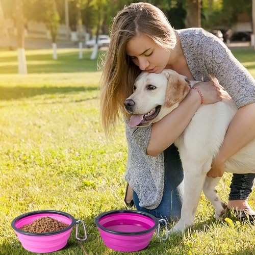 SLSON Dog Bowls Pet Collapsible Bowl with Cover Lids,2 Pack Dog Travel Bowls Portable Foldable Cat Water Dish Bowl for Pets Walking Parking Camping (Pink and Purple, Medium)