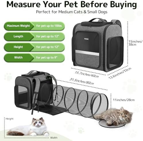 Pawtners Cat Backpack with Play Tunnel, Design for Carrying Playing Grey