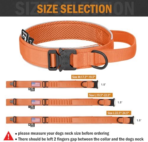 HYDEME Tactical Dog Collar, Alpine Loop Adjustable Military Training Nylon Dog Collars with Handle and Reflective for Small Medium Large Dogs, with Airtags Protective Case & Patches.(M,Orange)