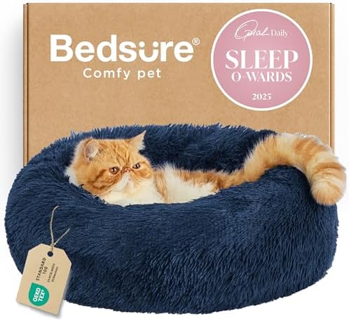 Bedsure Calming Cat Beds Donut Round Washable Kitten Bed,20 inches Navy