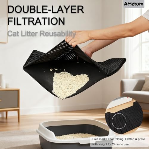 Cat Litter Mat,30x22in Cat Litter Trapping Mat for Litter Box With Double Layers,Non Slip Waterproof Urine Proof Litter Catcher Mat,Scatter Control Kitty Litter Rug Cat Supplies,Black