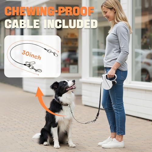 Retractable Dog Leash with LED Light & Reflective Tape for Night Walk, 16ft Dog Leash with Poop Bag Dispenser, Chew-Proof Steel Cable, One-Button Brake & Lock for Medium Dogs up to 66 lbs (BLK&WHT)
