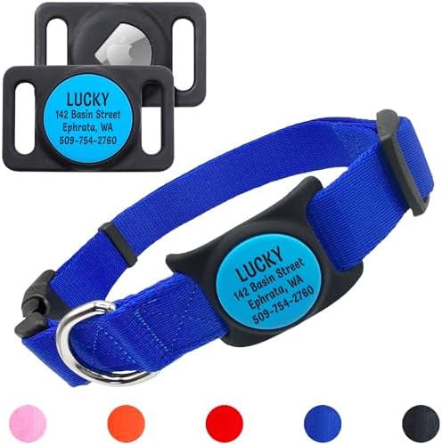 GoTags Personalized Dog Collar with Custom Engraved Holder for AirTag, Adjustable Dog Collar Pet ID Tag, Silent, No Noise Dog Tag for Large Medium or Small Dogs (Blue, Medium)