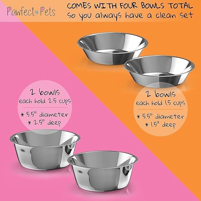 4" Tall Elevated Dog Bowls for Small Dogs, Food and Water Bowl Set by Pawfect Pets (Natural Bamboo)
