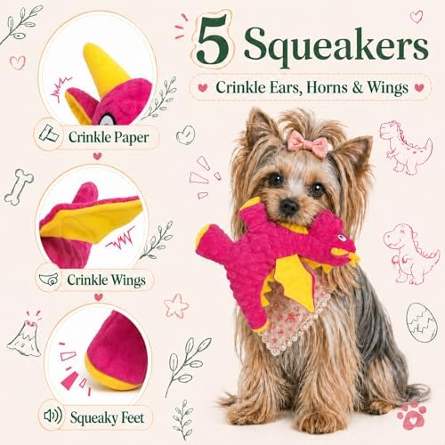 Squeaky Dog Toy - Plush Dragon with 5 Squeakers and Crinkle Wings