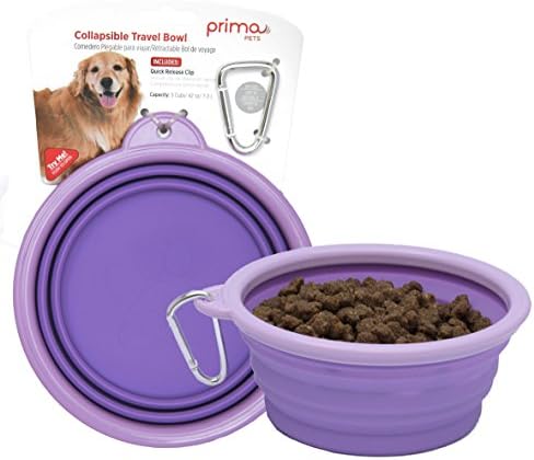 Prima Pet Collapsible Silicone Water Travel Bowl with Clip for Dog and Cat, Portable and Durable Pop-up Feeder for Convenient On-The-go Feeding – Size: Large (5 Cups) Purple