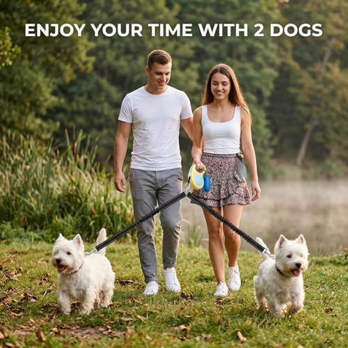 Double Dog Leash for Walking 2 Small Dogs (Up to 33 Lbs Each), Dual Retractable 9.8ft Extendable Strong Nylon Tape Pet Leash with Poop Bags, One-Handed Brake, Pause, Lock (Blue)