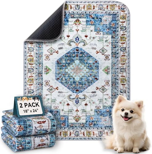 Washable Pee Pads for Dogs, Stylish Absorbent Reusable Training Dog Pads, Non-Slip and Leak-Proof Puppy Pads, Potty Pads for Crates, Whelping, Playpen, Bed and Floors (Blue Medallion, 18" x 24" 2PACK)