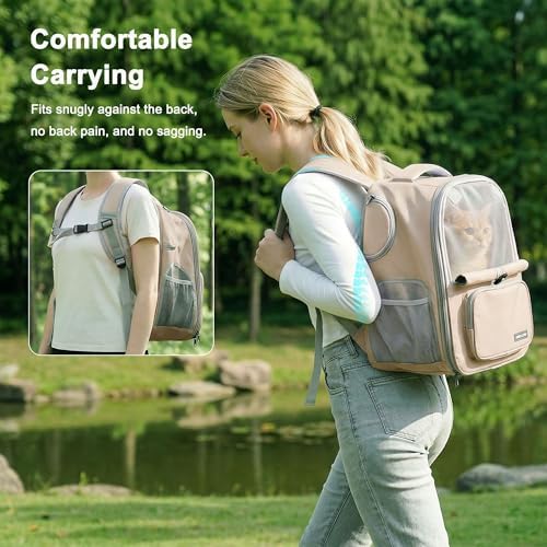 Cat Backpack Carrier Expandable,Pet Travel Backpack for Cats and Small Dogs, 1200D Waterproof Ventilated Mesh with Lockable Zippers, Foldable for Hiking Camping Vet, Up to 18 Lbs(Khaki)