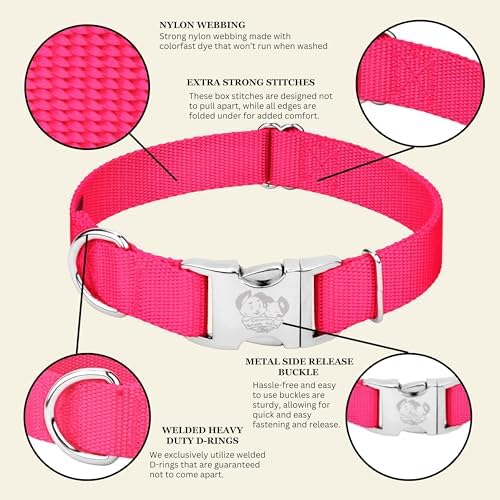 Country Brook Petz - Premium Nylon Dog Collar with Metal Buckle for Small Medium Large Breeds - 30+ Colors (Large, 1 Inch, Hot Pink)