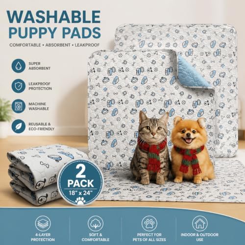 Washable Pee Pads for Dogs, 2 Pack Reusable Puppy Pads, Absorbent Whelping Pads with Bone Print, Non-Slip Waterproof Pet Training Pads for Couch, Crate, Potty Training - 18x24in