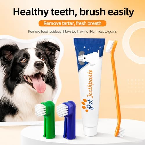 Dog Toothbrush Kit of 4,Pet Supplies with Beef-Flavored Pet Toothpaste,Facilitating Teeth Cleaning and Oral Care, Dual Head/Finger Toothbrush for Small to Large Cats,Dogs and Most Pets
