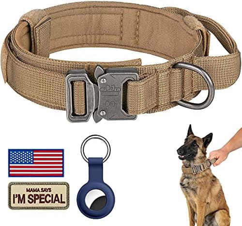 DAGANXI Tactical Dog Collar, Adjustable Military Training Nylon Dog Collar with Control Handle and Heavy Metal Buckle for Medium and Large Dogs, with Patches and Airtags Case (L, Brown)