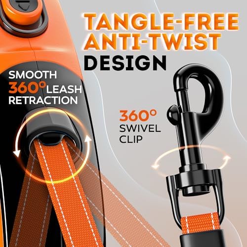 Retractable Dog Leash 16.4 ft – 360° Tangle-Free Design – Heavy Duty Reflective Leash – Soft Anti-Slip Grip Outdoor Daily for Small Medium Dogs up to 50 lbs (Orange)