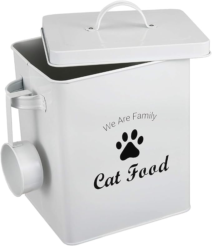 Geyecete Pet Treat and Food Storage Tin with Lid - 5lbs Capacity - Serving Scoop Included … -CAT