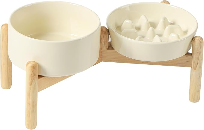 Havniva 6.1” Raised Slow Feeder Dog Bowls Set, 0.9 Cups Ceramic Slow Feeder Dog Bowl and 6.1” Dog Water Bowl with Elevated Wooden Stand Puzzle Dog Food Bowl for Small Dogs Anti-Gulping & Anti-Choking