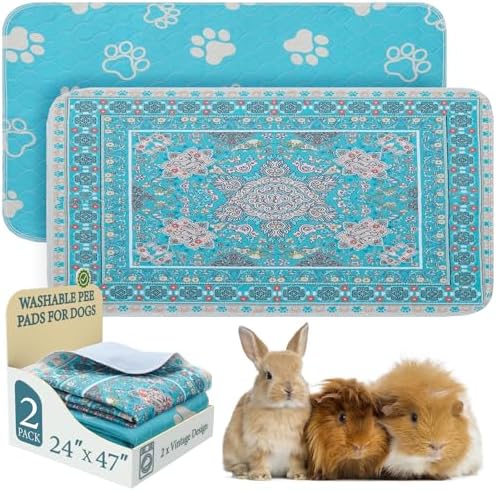 Homimp Guinea Pig Cage Liners, 2 Pack Washable Pee Pads for Dogs, Waterproof & Leakproof Puppy Pee Pads, Super Absorbent Reusable Bedding with Anti-Slip Backing for Rabbit,Bunny,Hamster, Blue, 24"x47"