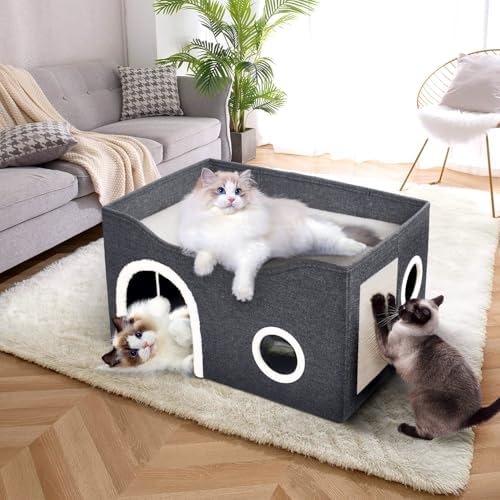 Heeyoo Cat House for Indoor Cats - Large Cat Bed Cave with Fluffy Ball and Scratch Pad, Foldable Cats Houses & Condos, Cat Hideaway, Covered Kitty Bed for Multi Small Large Kitty, 23.8x15.9x13.2 Inch