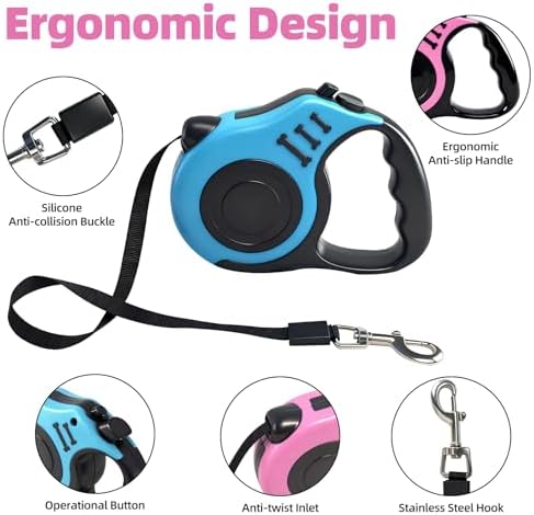 2 Pcs 16.5Ft Retractable Dog Leash,Up to 33 lbs,Blue and Pink