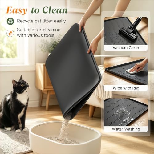 Songrey Silicone Cat Litter Mat 40" x 28", Large Litter Trapping Mat, Black