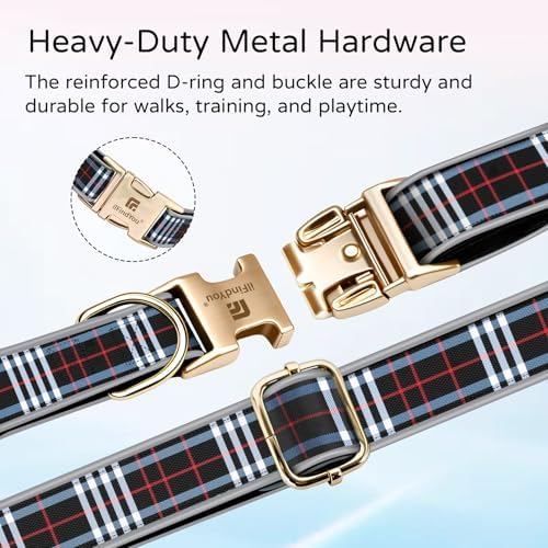 Reflective Plaid Dog Collar for Small Dogs, Red & Black-S