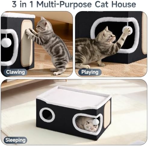 Shikha Extra Large Cat House Bed for Multi Cats with Scratch Pad Black