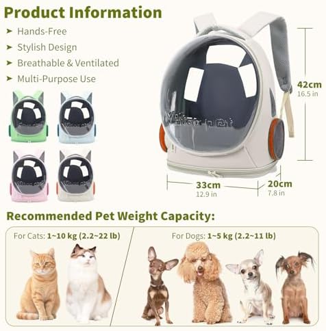 PETCUTE Cat Backpack Carrier,Transparent Space Capsule Dog Hiking Backpack with Safety Hook,Small Pet Carrier for Cats Puppies,Airline Approved Travel Bag for Travel Hiking Walking Camping,White