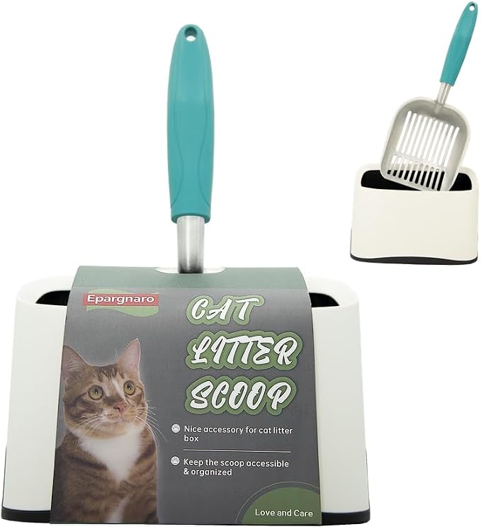 Heavy Duty Cat Litter Scoop with Holder - All Metal Cat Litter Scooper with Holder - Speed Sifter Litter Box Scooper Captures All Clumps - Aluminum Cats Litter Scooper