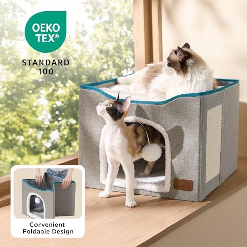 Bedsure Cat House Bed for Indoor Cats with Fluffy Ball and Scratch Pad,Grey