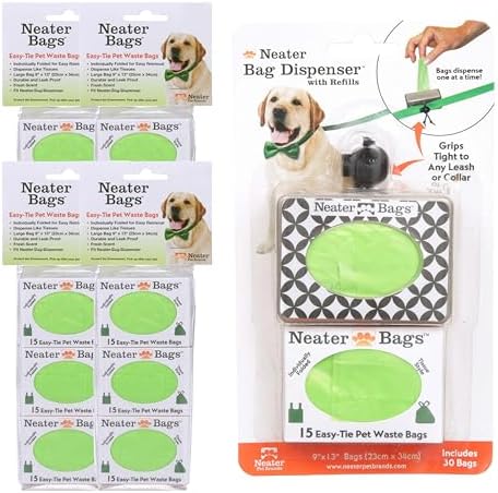 Neater Pet Brands Neater Bags Dog Waste Bag, No Rolls - Dog Poop Bags Dispense One at a Time, Doggie Poop Bag with Easy-Tie Handles, Dispenser Attaches to Any Leash (210 Count, Black Diamond Print)
