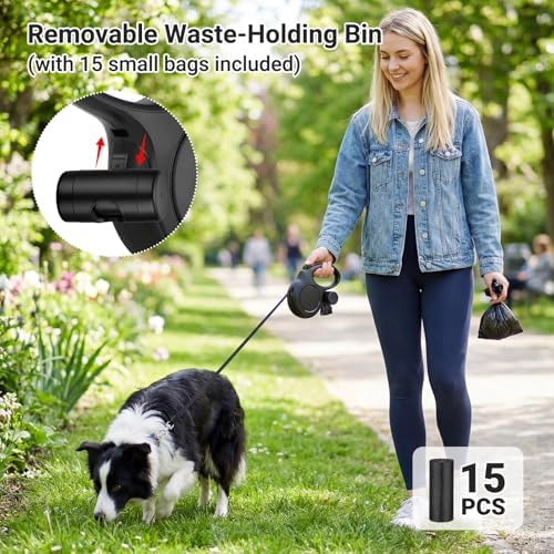 Segarty 16 Ft Retractable Dog Leash with Detachable Poop Bag Holder, 5m Walking Leash for Pets up to 66 Lbs, 360°Tangle-Free Black Dog Lead with Anti-Slip Handle & One-Handed Brake Pause Lock for Dogs