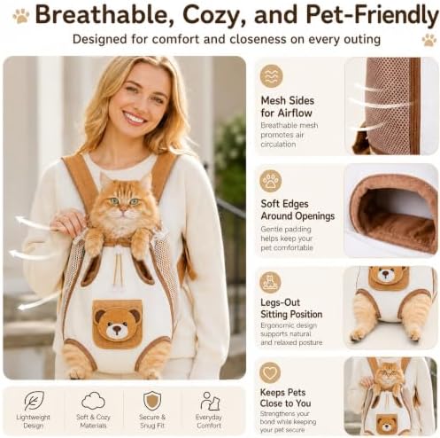 Dog Cat Front Carrier Backpack, Cute Bear Style for Small Pets，#A：Medium