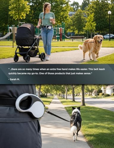 Hands-Free Retractable Dog Leash with Waist Belt, 16FT Extendable Strap