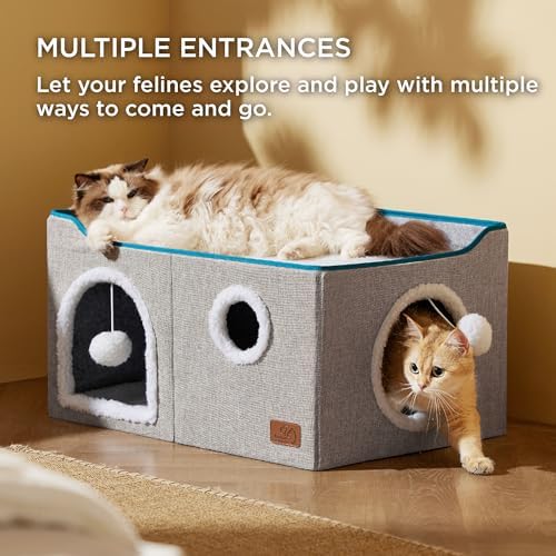 Bedsure Extra Wide Cat House Bed with Fluffy Ball and Scratch Pad,Grey