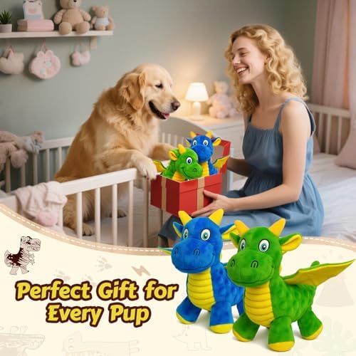 2 Pack Squeaky Dog Toy - Plush Dragon with 5 Squeakers and Crinkle Wings
