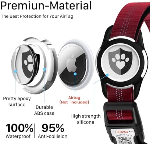 Waterproof AirTag Dog Collar with QR Code Dog Tag, Burgundy XS