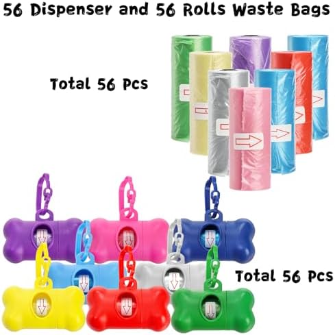 Fasmov 56 Pack Dog Poop Trash Bag Holder Dispenser Dog Poop Waste Bag Holder, Leak Proof, Dispenser Pet Waste Disposal Bag for Leash with Hook, PET Waste Bags for Walking Dogs Outdoor, Multiple Colors