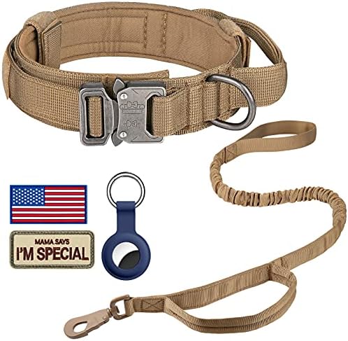 DAGANXI Tactical Dog Collar Leash Set, Adjustable Military Training Nylon Dog Collar with Controll Handle and Heavy Metal Buckle for Medium and Large Dogs，with Patches and Airtags Case (XL, Brown-SET)