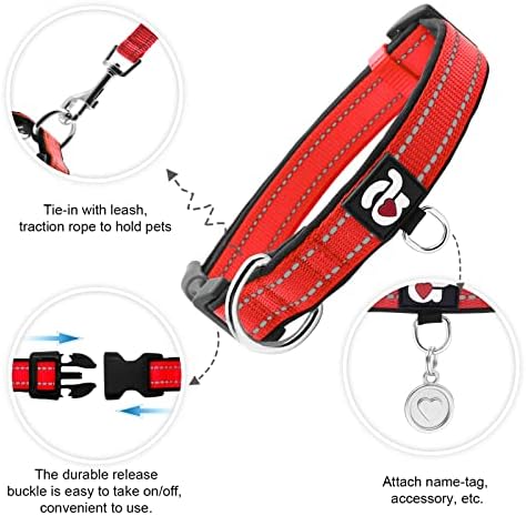 azuza Reflective Dog Collar, Neoprene Padded Small Dog Collar, Red, S