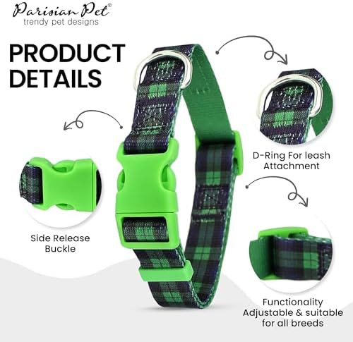 Parisian Pet Plaid Dog Collar - Adjustable Scottish Green Pet Collar with Secure Buckle and Metal D-Ring - Comfortable Designer Puppy Collars - Durable Nylon Checkered Dog Collars for Medium Dogs