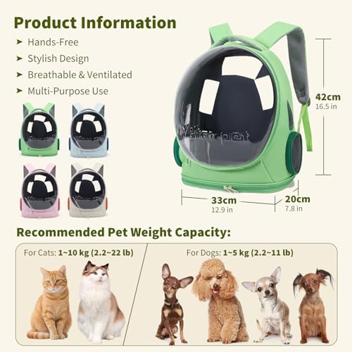PETCUTE Cat Backpack Carrier,Transparent Space Capsule Dog Hiking Backpack with Safety Hook,Small Pet Carrier for Cats Puppies,Airline Approved Travel Bag for Travel Hiking Walking Camping,Green