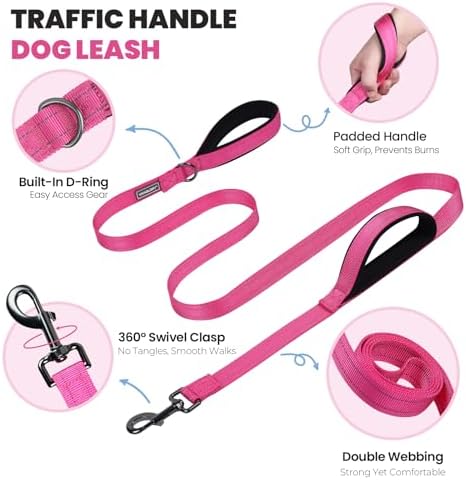 VIVAGLORY Double Handle Dog Leash Twingrip, 5ft x 1in, M2, Pink Grey