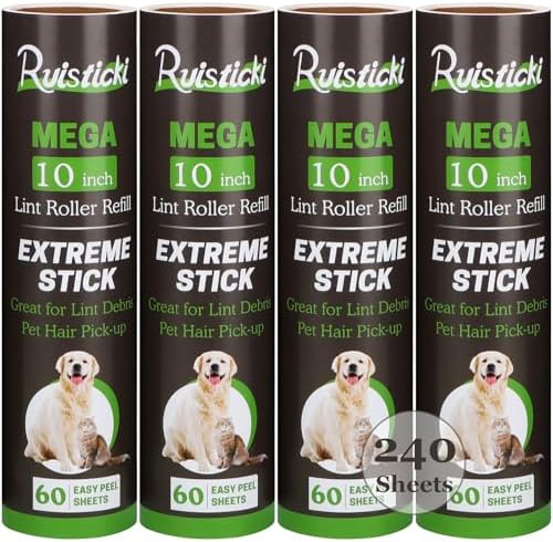 10 inch Lint Roller Refill Compatible with Large Mega 10 in Wide Lint Rollers, Pack of 4 Refills, 60 Sheets per Refill, Total 240 Extreme Stick Sheets