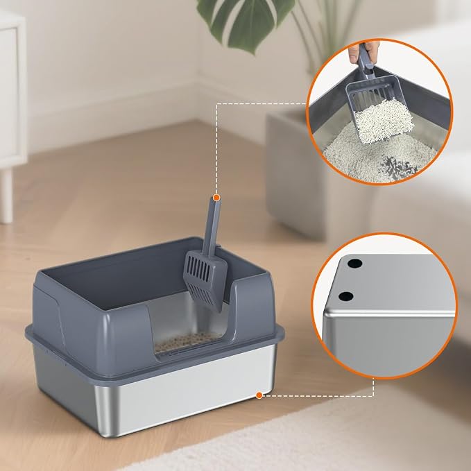 SZEE Small Stainless Steel Cat Litter Box, Kitten Litter Box Low Entry, Open Top Litter Pan Included Litter Scoop, Anti-Scratch Metal Cat Litter Tray Easy to Clean, Pet Toilet, 17x 13x 11 inches